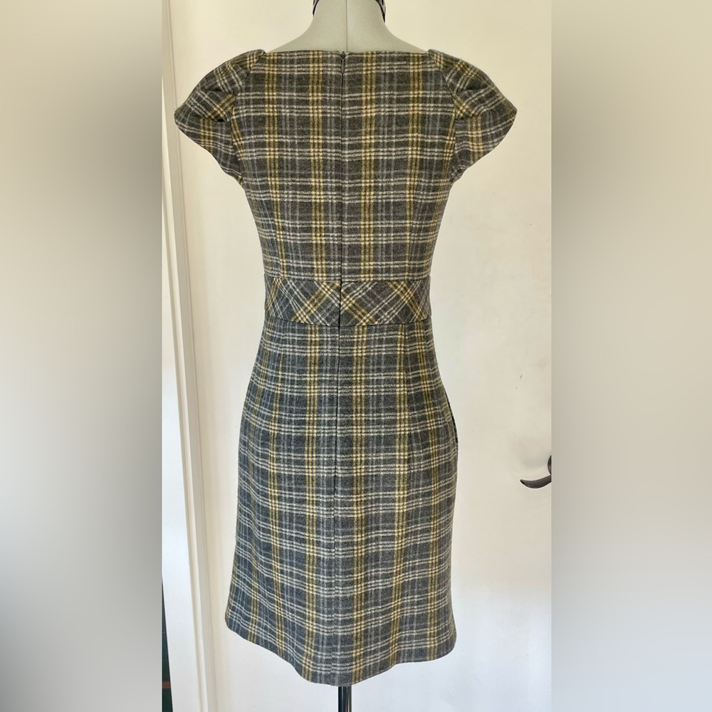 Nanette Lepore wool midi dress, grey/yellow tartan, buttons, cap sleeves, 0 - Picture 2 of 13